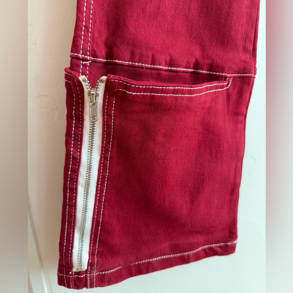 Fashion Nova Y2K Red Cargo Utility Jeans Contrast Stitch Festival Rave Size 7 - Picture 6 of 14